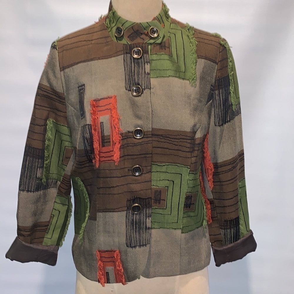 BETS by Canvas Backs green and orange abstract pattern funky blazer, Size 8